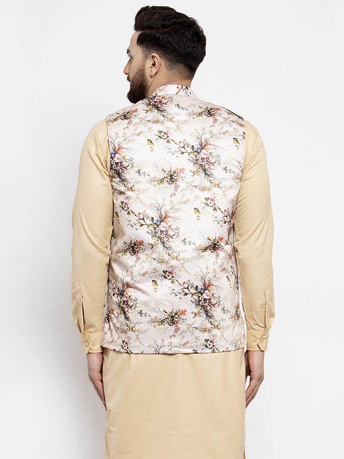 Jompers Men Cream Printed Satin Nehru Jacket ( JOWC 4007  Cream )