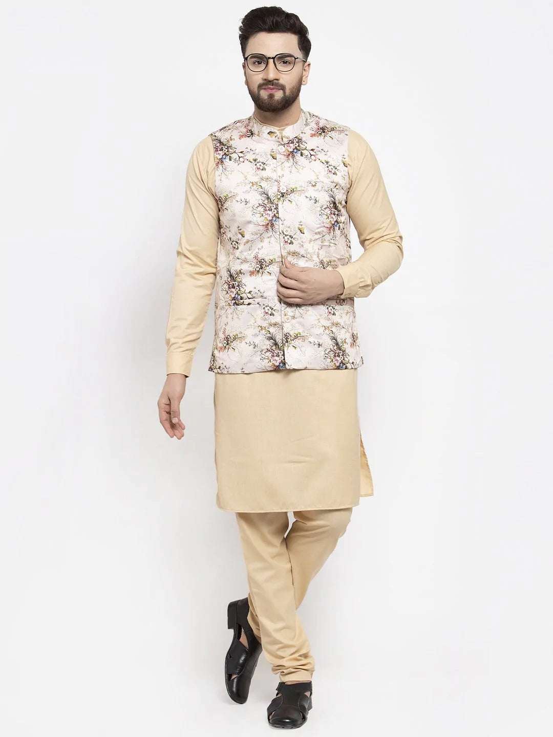 Jompers Men Cream Printed Satin Nehru Jacket ( JOWC 4007  Cream )