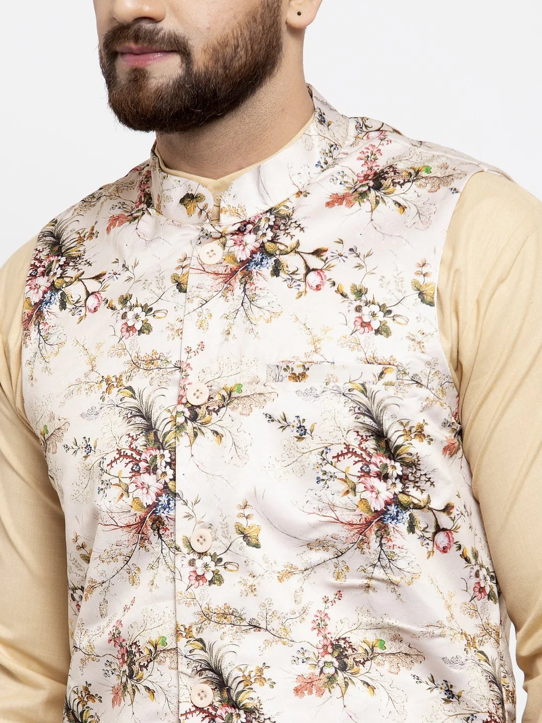 Jompers Men Cream Printed Satin Nehru Jacket ( JOWC 4007  Cream )