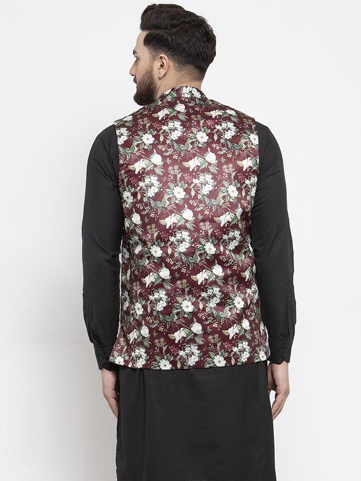 Jompers Men Maroon Printed Satin Nehru Jacket ( JOWC 4007 Maroon)