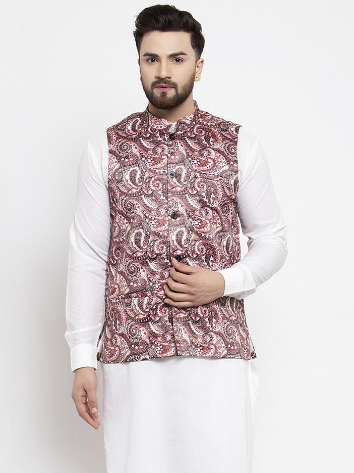 Jompers Men Pink Printed Satin Nehru Jacket ( JOWC 4007 Pink)