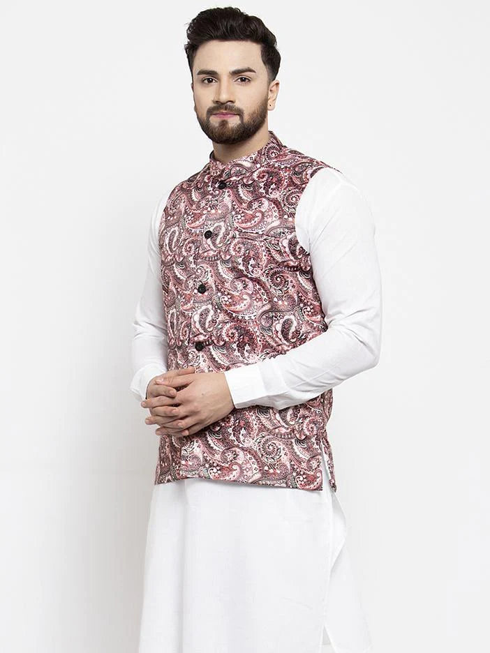 Jompers Men Pink Printed Satin Nehru Jacket ( JOWC 4007 Pink)