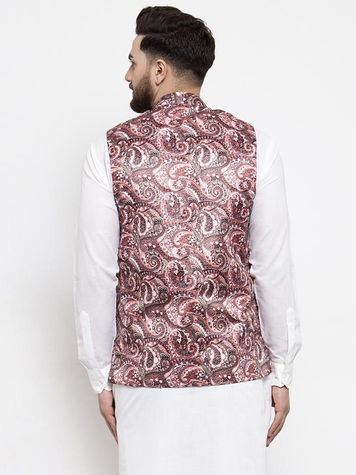 Jompers Men Pink Printed Satin Nehru Jacket ( JOWC 4007 Pink)