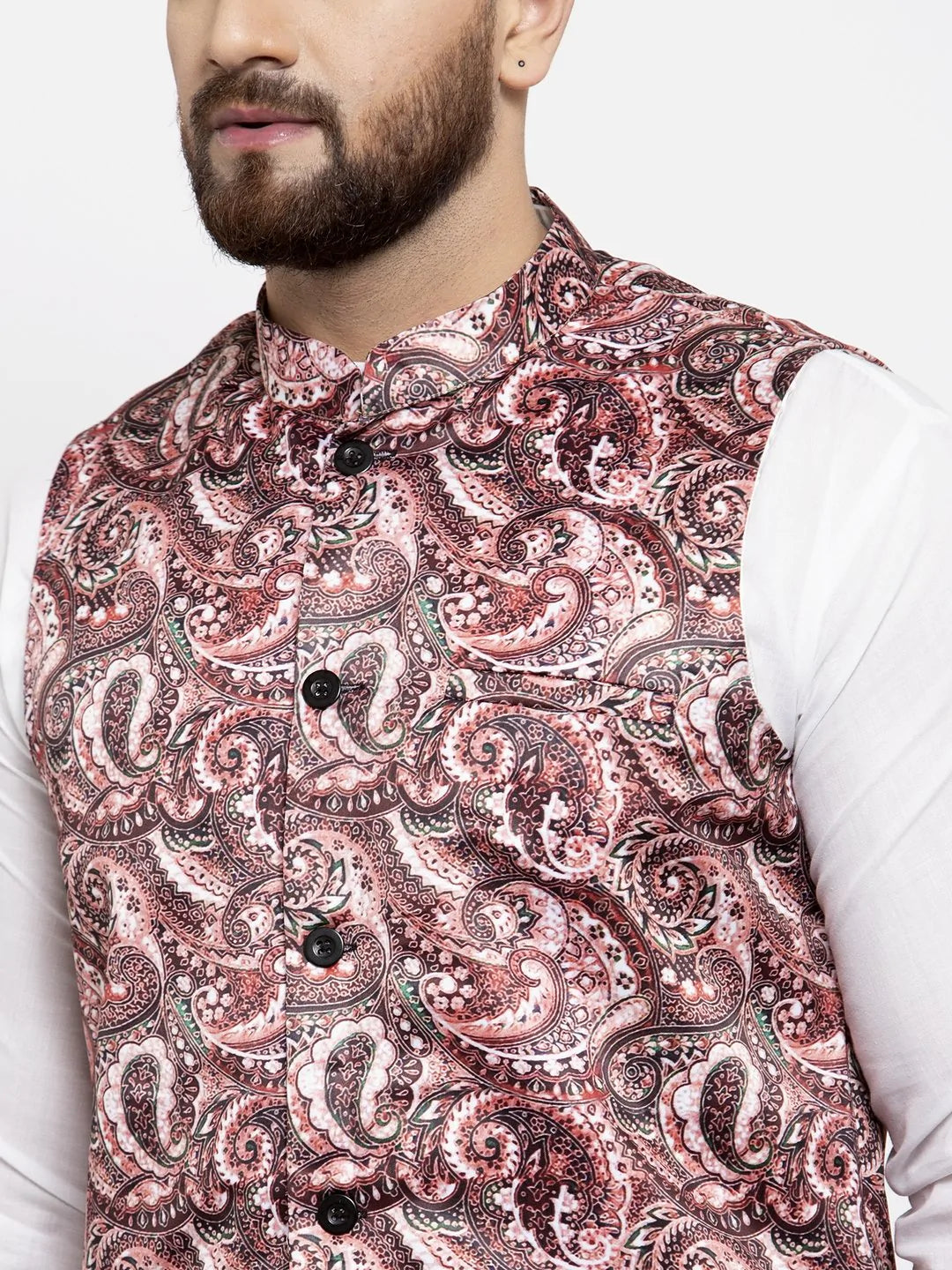 Jompers Men Pink Printed Satin Nehru Jacket ( JOWC 4007 Pink)