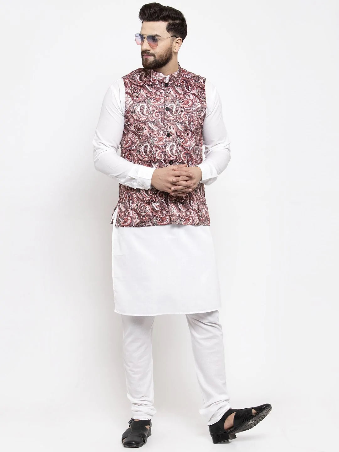 Jompers Men Pink Printed Satin Nehru Jacket ( JOWC 4007 Pink)