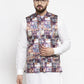Jompers Men Purple Printed Satin Nehru Jacket ( JOWC 4007 Purple)
