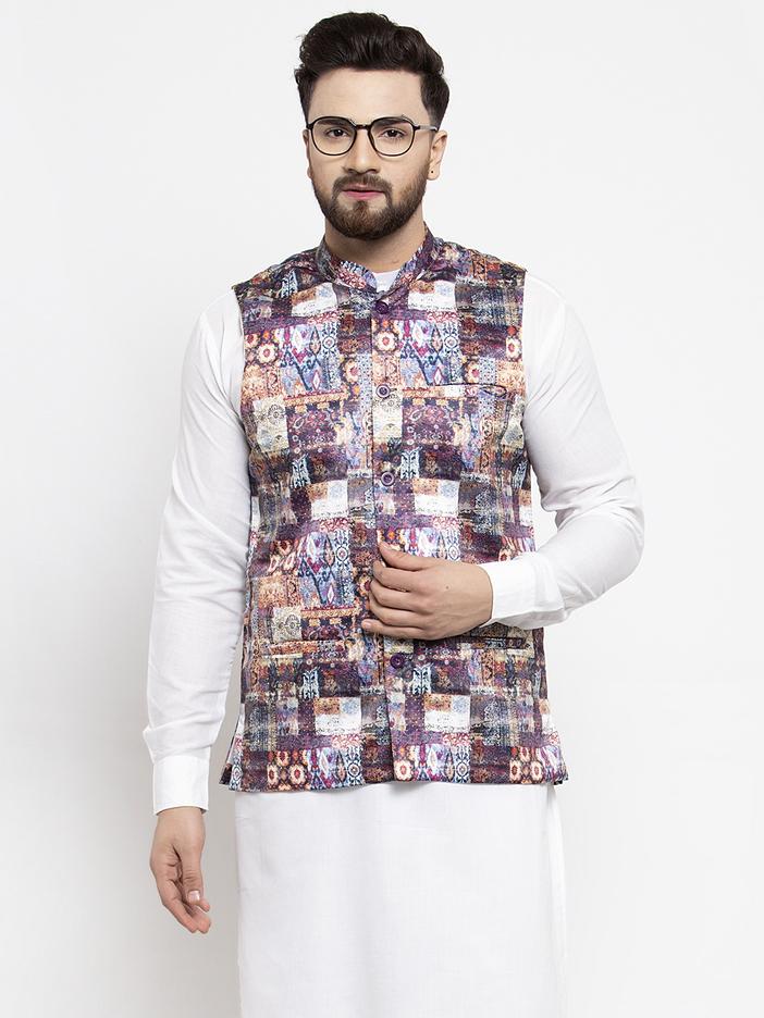 Jompers Men Purple Printed Satin Nehru Jacket ( JOWC 4007 Purple)