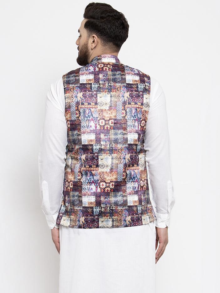 Jompers Men Purple Printed Satin Nehru Jacket ( JOWC 4007 Purple)