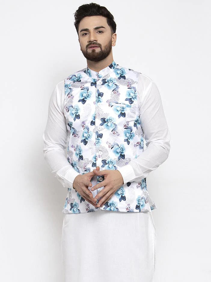 Jompers Men Silver Printed Satin Nehru Jacket ( JOWC 4007 Silver)