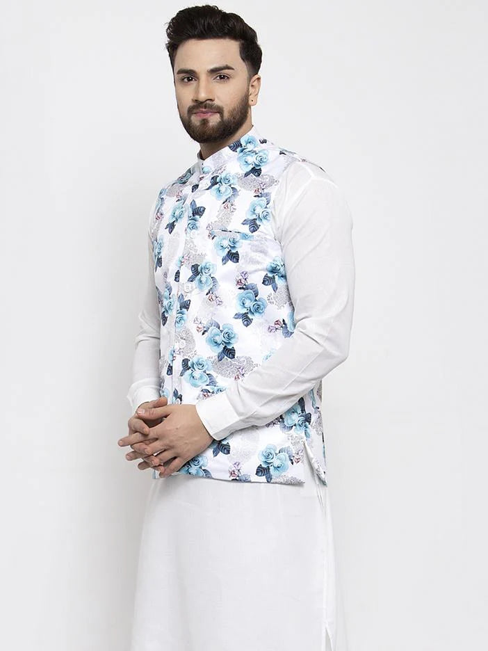 Jompers Men Silver Printed Satin Nehru Jacket ( JOWC 4007 Silver)