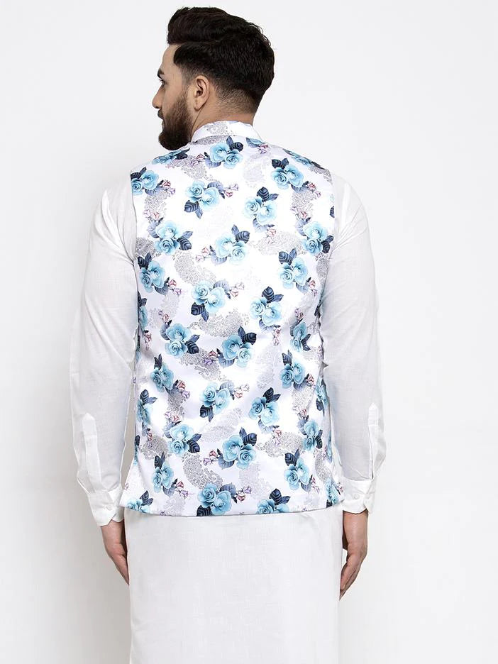 Jompers Men Silver Printed Satin Nehru Jacket ( JOWC 4007 Silver)