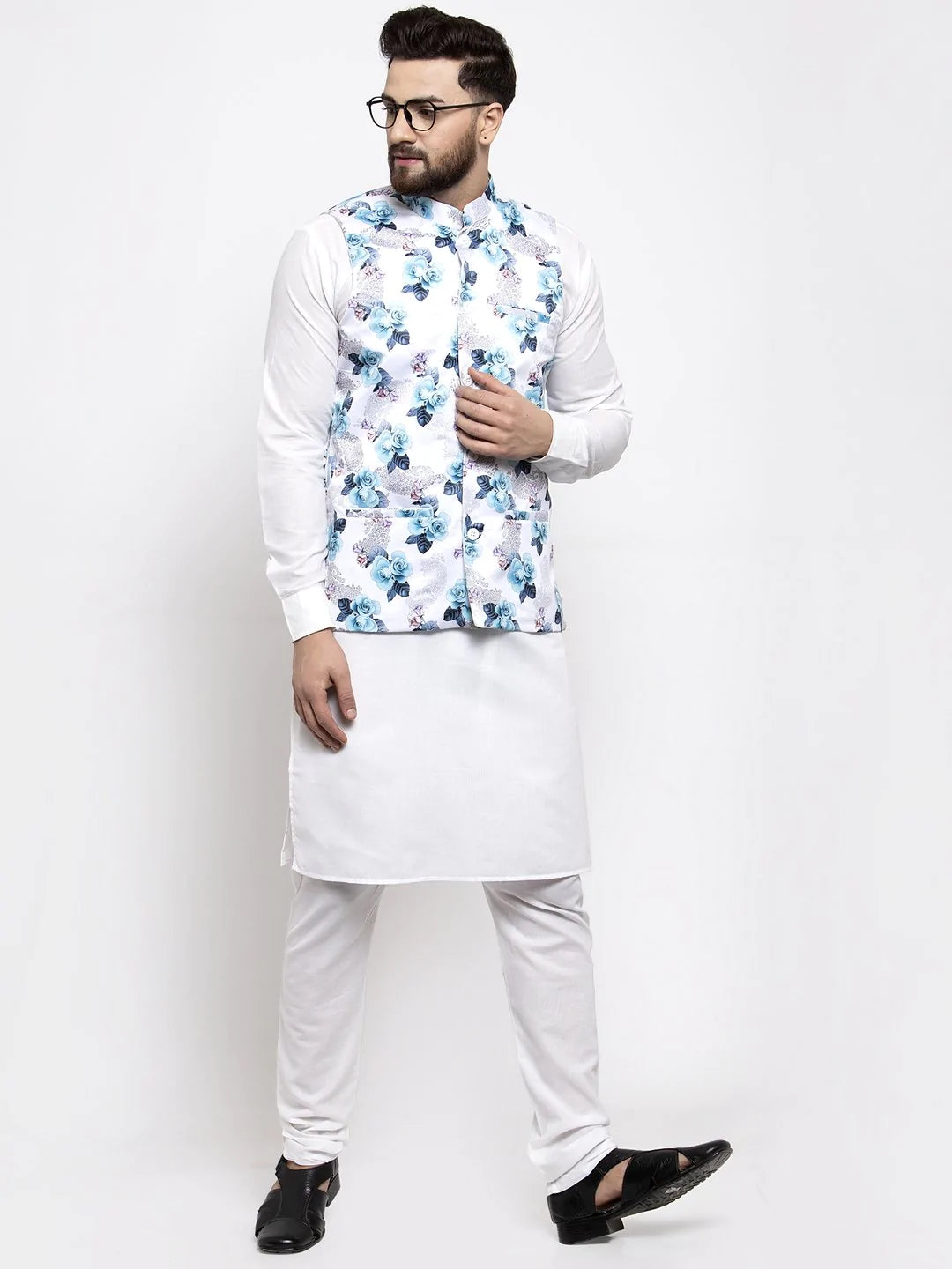 Jompers Men Silver Printed Satin Nehru Jacket ( JOWC 4007 Silver)