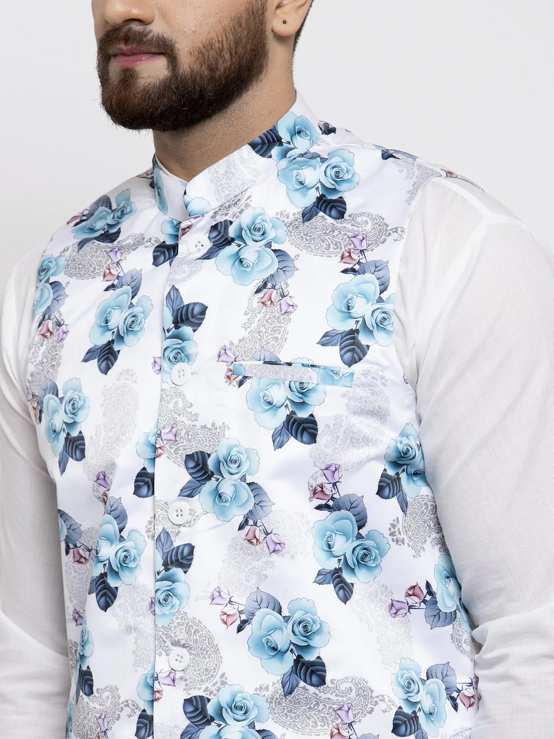 Jompers Men Silver Printed Satin Nehru Jacket ( JOWC 4007 Silver)