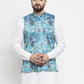 Jompers Men Sky-Blue Printed Satin Nehru Jacket ( JOWC 4007 Sky)