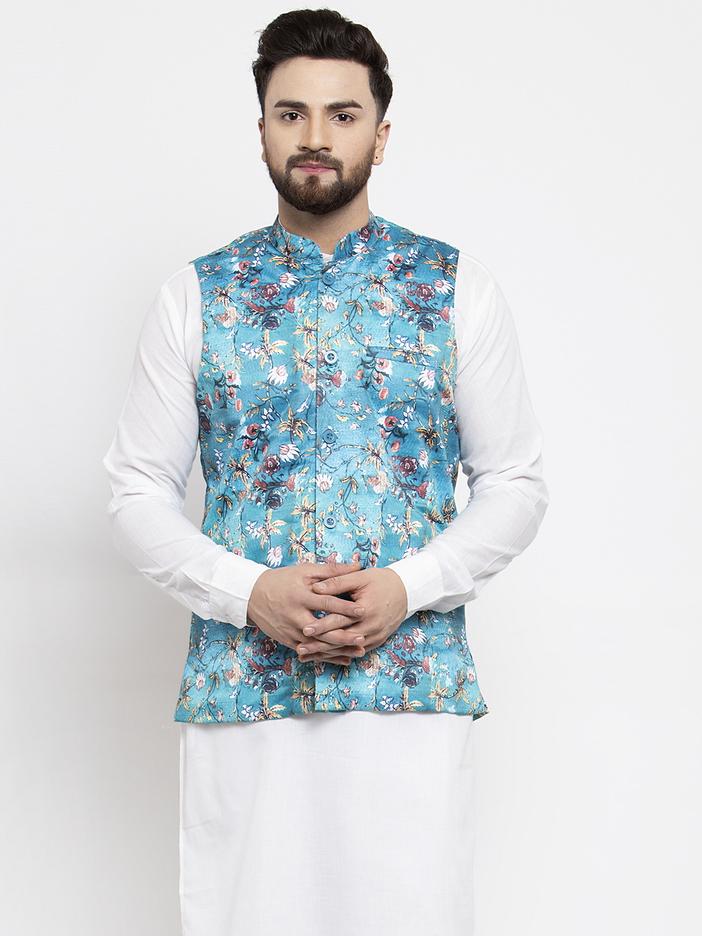Jompers Men Sky-Blue Printed Satin Nehru Jacket ( JOWC 4007 Sky)