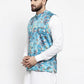 Jompers Men Sky-Blue Printed Satin Nehru Jacket ( JOWC 4007 Sky)