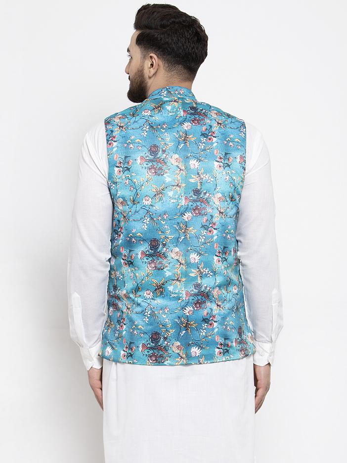 Jompers Men Sky-Blue Printed Satin Nehru Jacket ( JOWC 4007 Sky)
