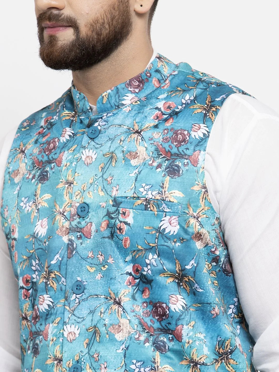 Jompers Men Sky-Blue Printed Satin Nehru Jacket ( JOWC 4007 Sky)