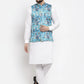 Jompers Men Sky-Blue Printed Satin Nehru Jacket ( JOWC 4007 Sky)