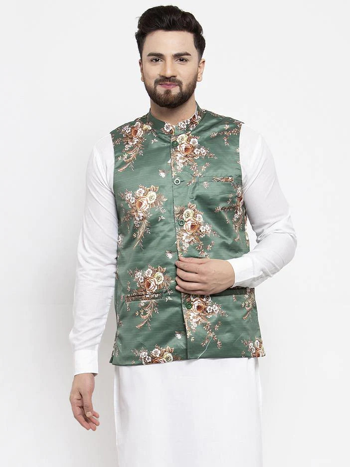 Jompers Men Green & Brown Printed Satin Nehru Jacket ( JOWC 4007 Green)