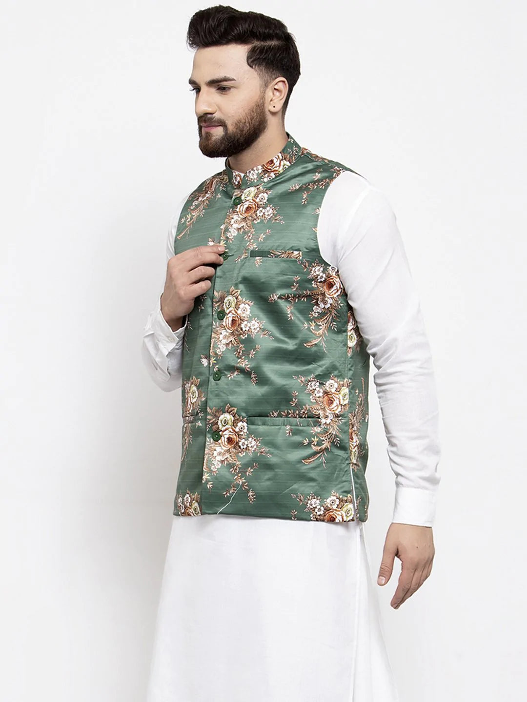 Jompers Men Green & Brown Printed Satin Nehru Jacket ( JOWC 4007 Green)