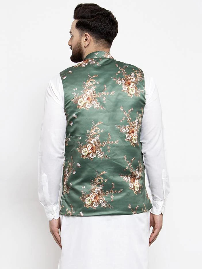 Jompers Men Green & Brown Printed Satin Nehru Jacket ( JOWC 4007 Green)