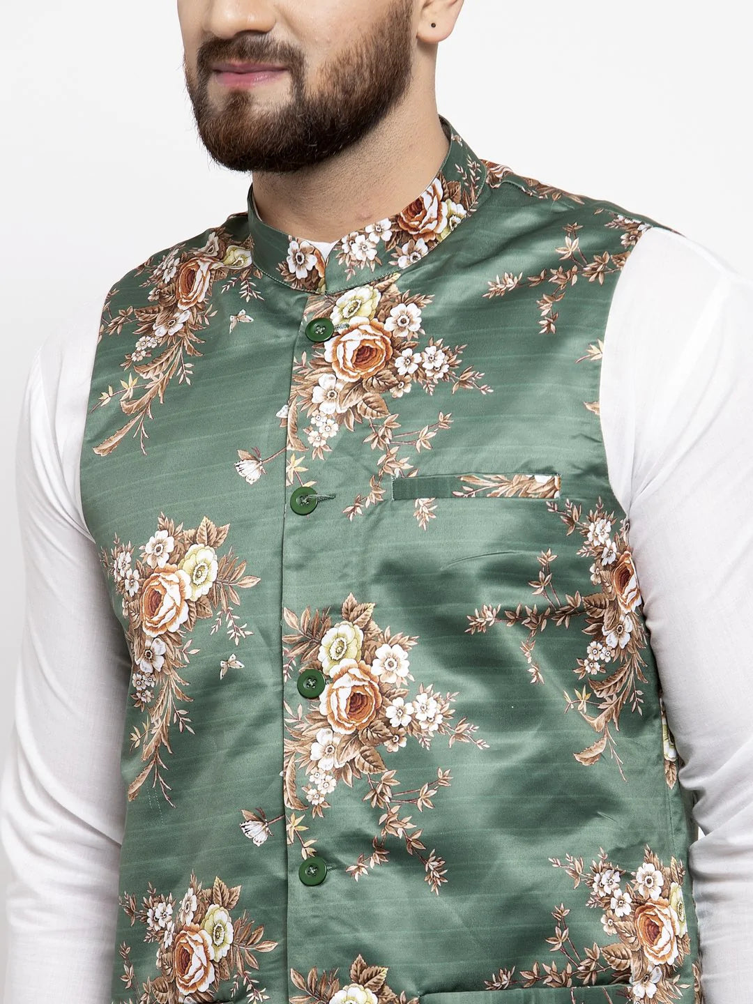 Jompers Men Green & Brown Printed Satin Nehru Jacket ( JOWC 4007 Green)