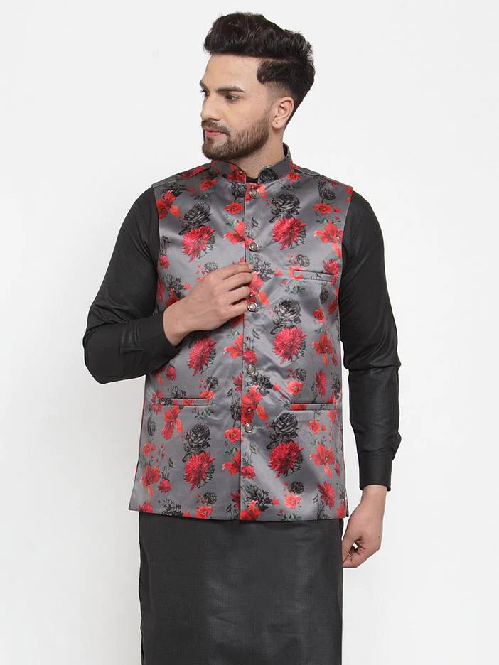 Jompers Men Grey Printed Satin Nehru Jacket ( JOWC 4008 Grey)