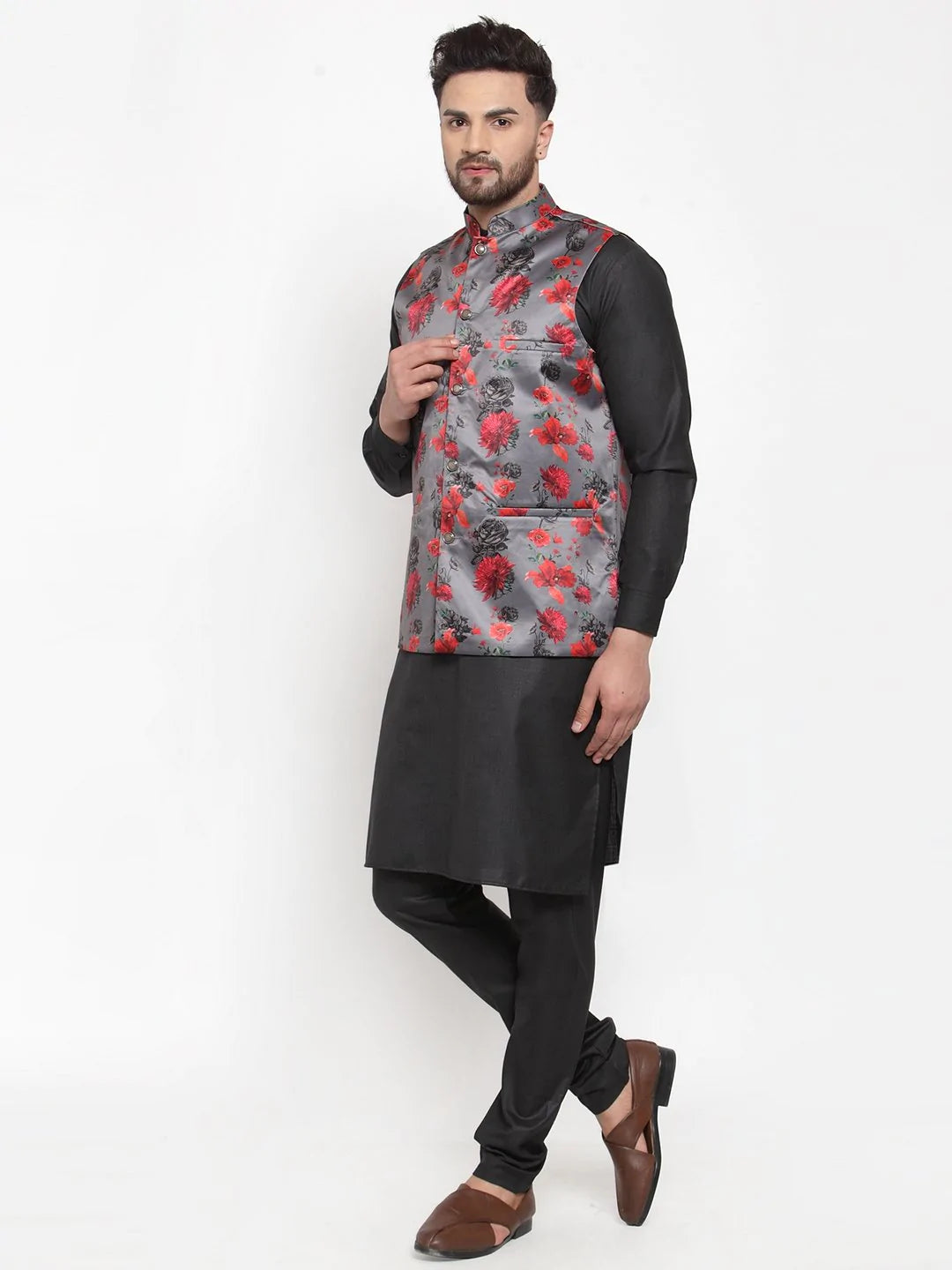 Jompers Men Grey Printed Satin Nehru Jacket ( JOWC 4008 Grey)