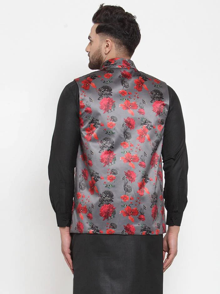 Jompers Men Grey Printed Satin Nehru Jacket ( JOWC 4008 Grey)