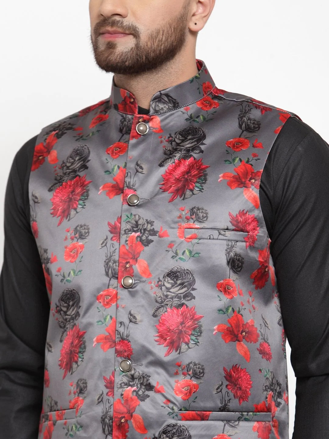 Jompers Men Grey Printed Satin Nehru Jacket ( JOWC 4008 Grey)