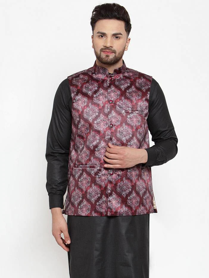 Jompers Men Maroon Printed Satin Nehru Jacket ( JOWC 4008 Maroon)