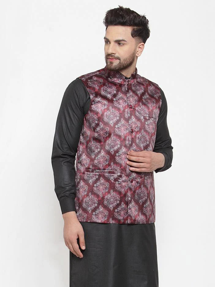 Jompers Men Maroon Printed Satin Nehru Jacket ( JOWC 4008 Maroon)