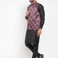 Jompers Men Maroon Printed Satin Nehru Jacket ( JOWC 4008 Maroon)