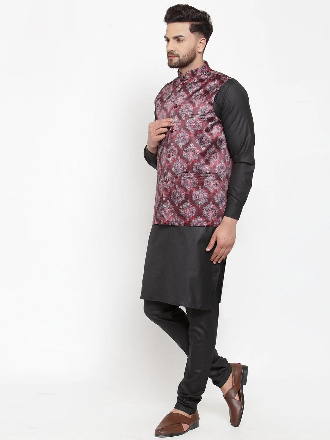 Jompers Men Maroon Printed Satin Nehru Jacket ( JOWC 4008 Maroon)