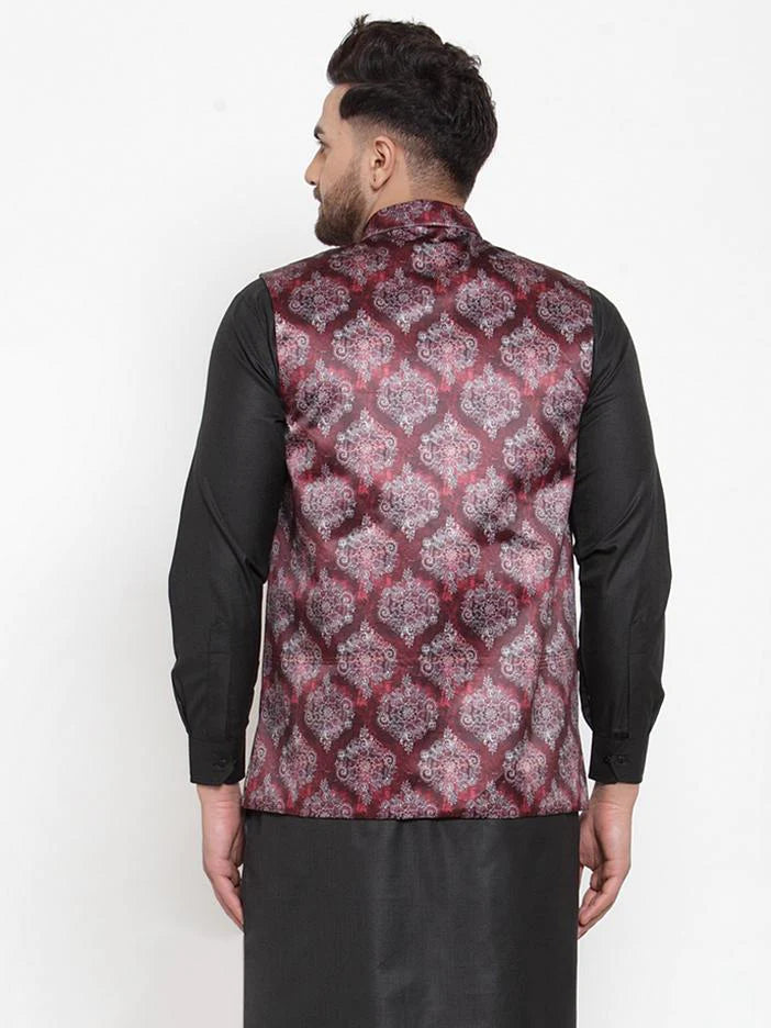 Jompers Men Maroon Printed Satin Nehru Jacket ( JOWC 4008 Maroon)