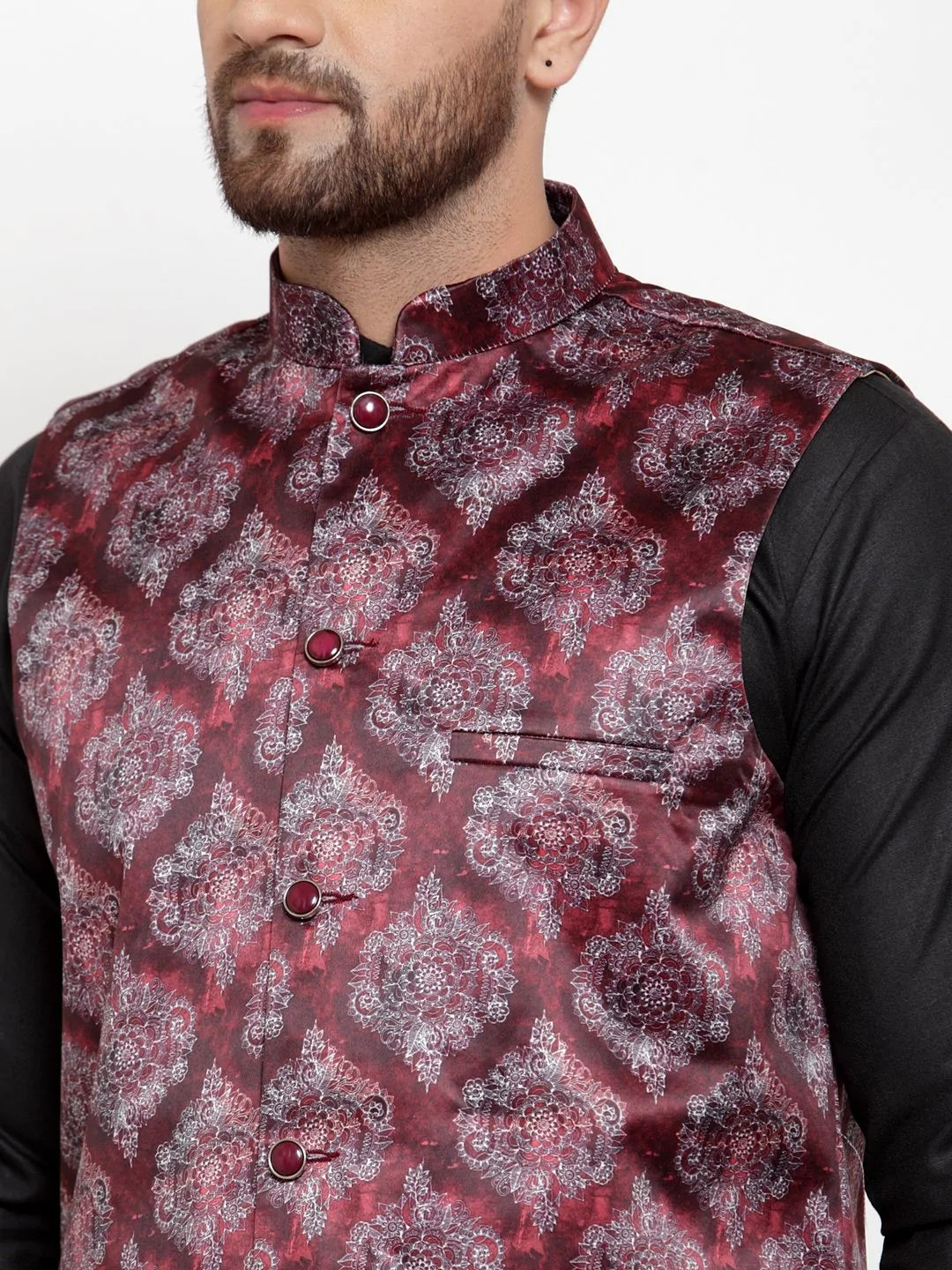 Jompers Men Maroon Printed Satin Nehru Jacket ( JOWC 4008 Maroon)