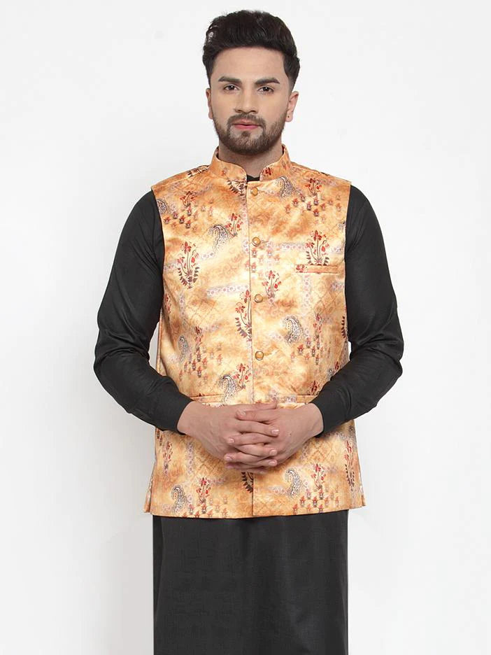 Jompers Men Orange Printed Satin Nehru Jacket ( JOWC 4008 Orange)