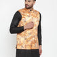 Jompers Men Orange Printed Satin Nehru Jacket ( JOWC 4008 Orange)
