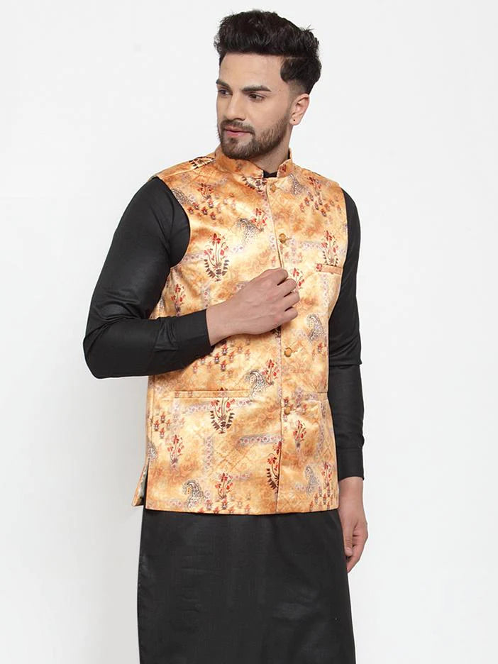 Jompers Men Orange Printed Satin Nehru Jacket ( JOWC 4008 Orange)