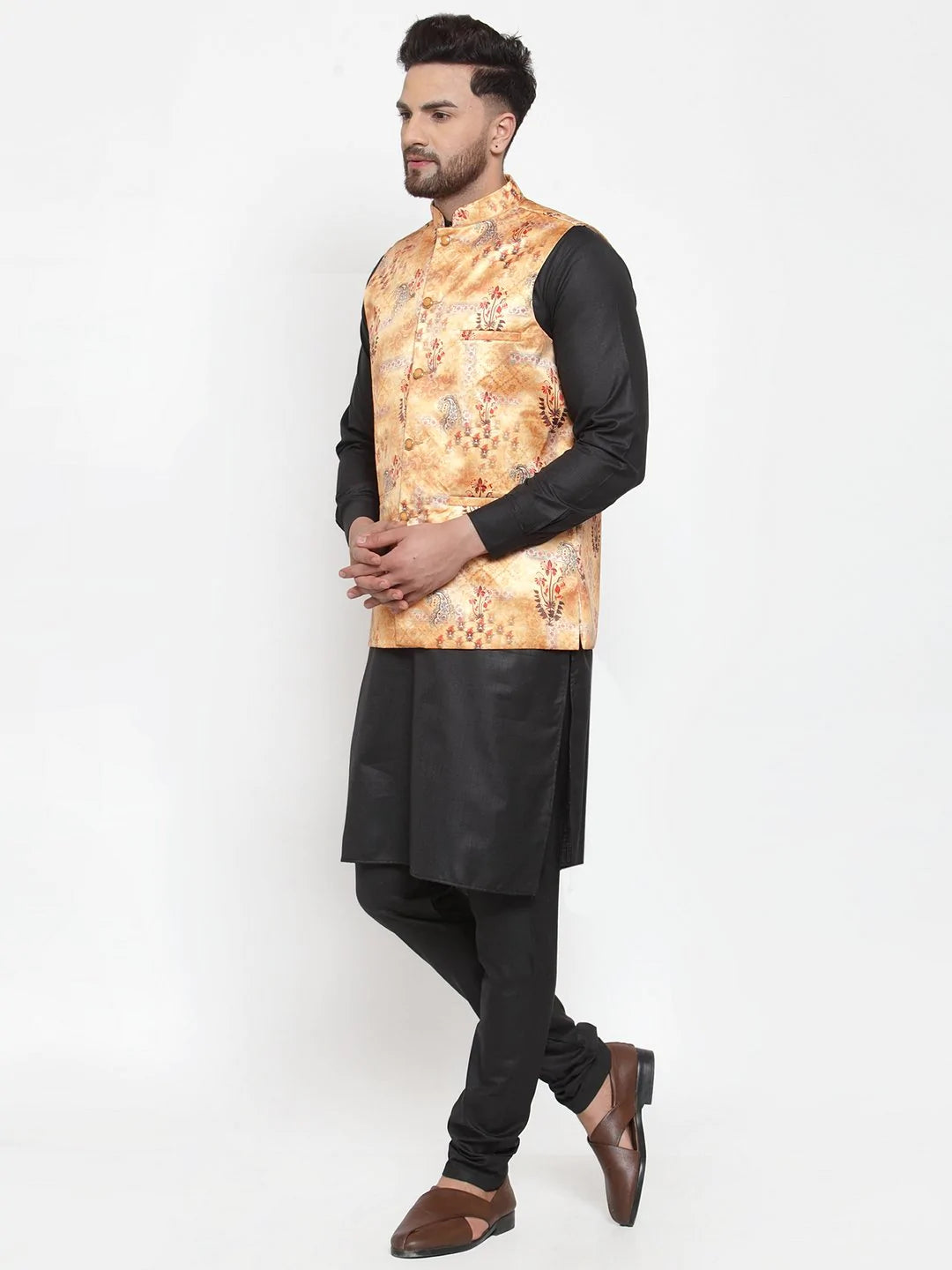 Jompers Men Orange Printed Satin Nehru Jacket ( JOWC 4008 Orange)