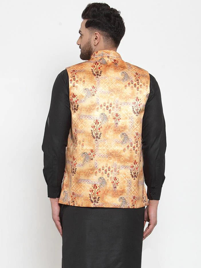Jompers Men Orange Printed Satin Nehru Jacket ( JOWC 4008 Orange)
