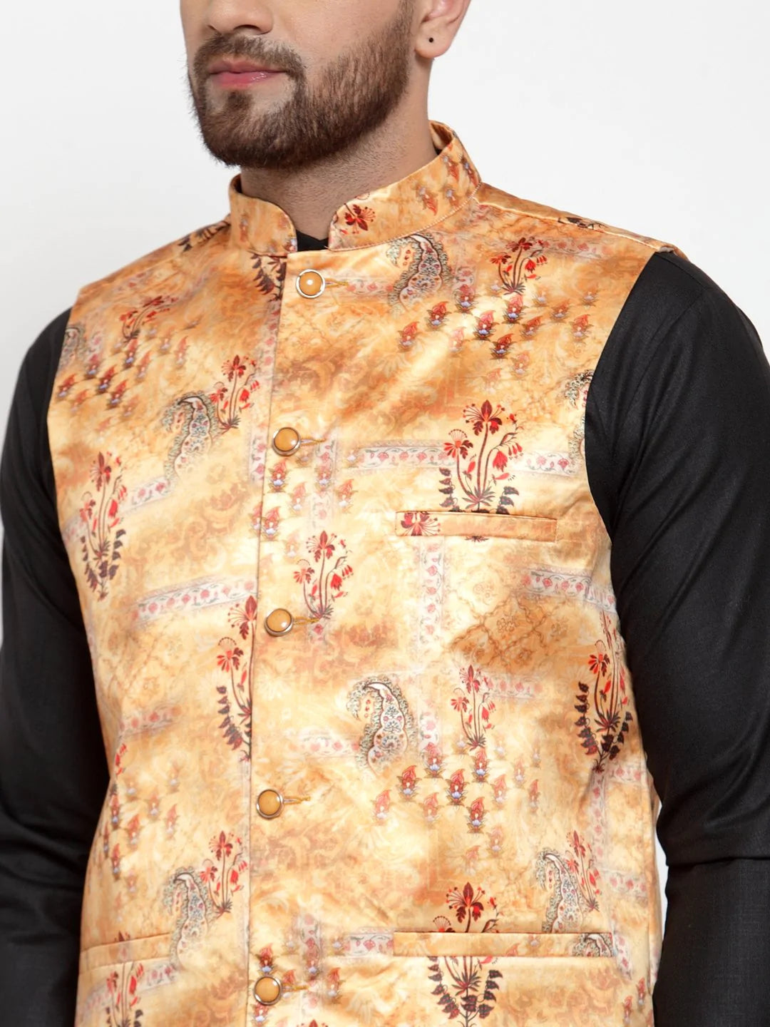 Jompers Men Orange Printed Satin Nehru Jacket ( JOWC 4008 Orange)