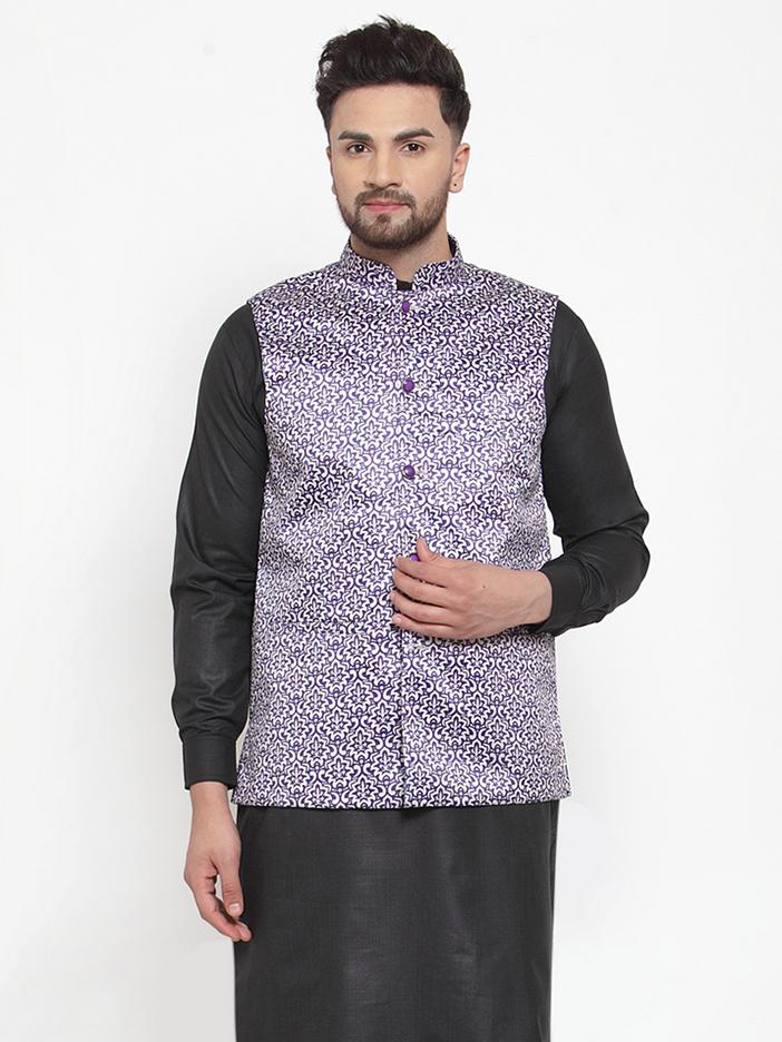 Jompers Men Purple Printed Satin Nehru Jacket ( JOWC 4008 Purple)