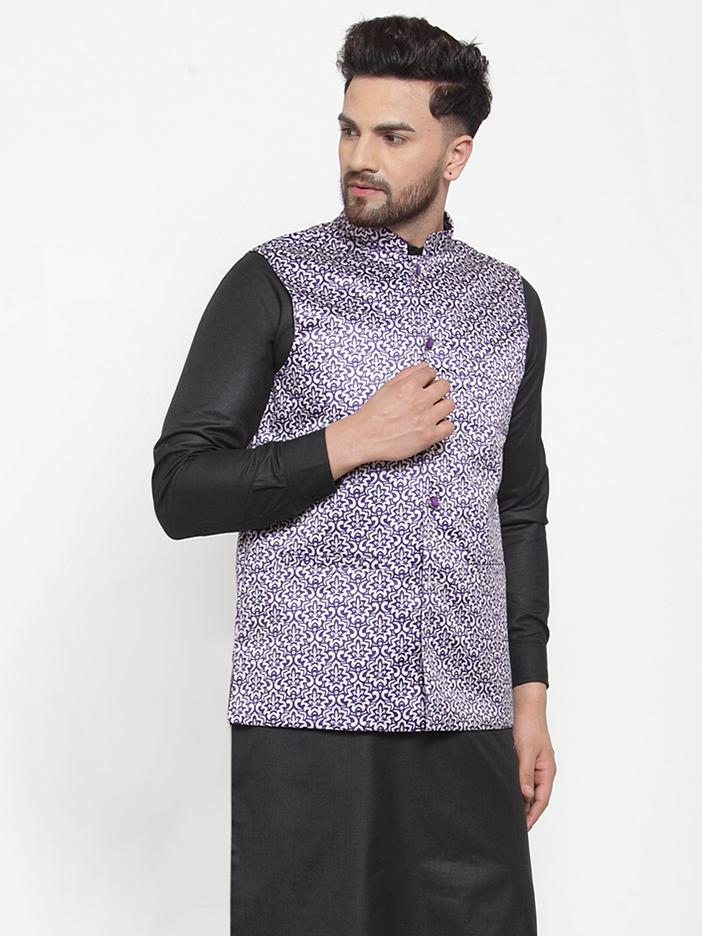 Jompers Men Purple Printed Satin Nehru Jacket ( JOWC 4008 Purple)