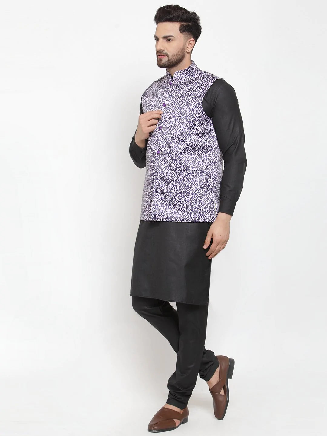 Jompers Men Purple Printed Satin Nehru Jacket ( JOWC 4008 Purple)