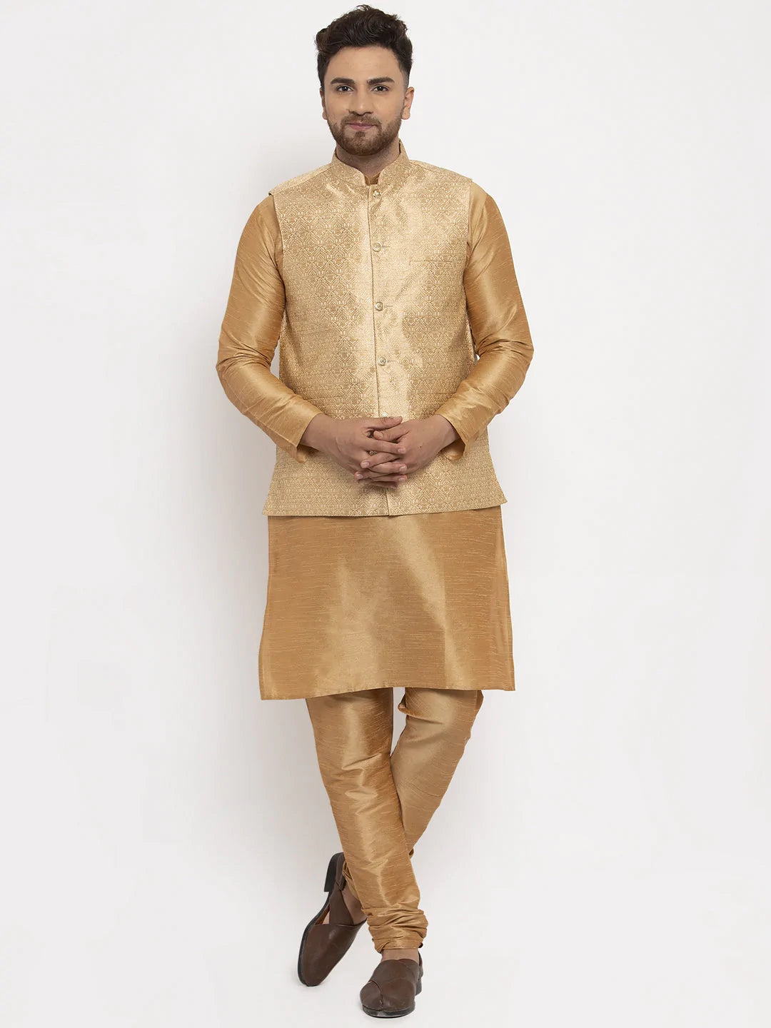 Jompers Men's Gold Woven Nehru Jacket ( JOWC 4009Golden )
