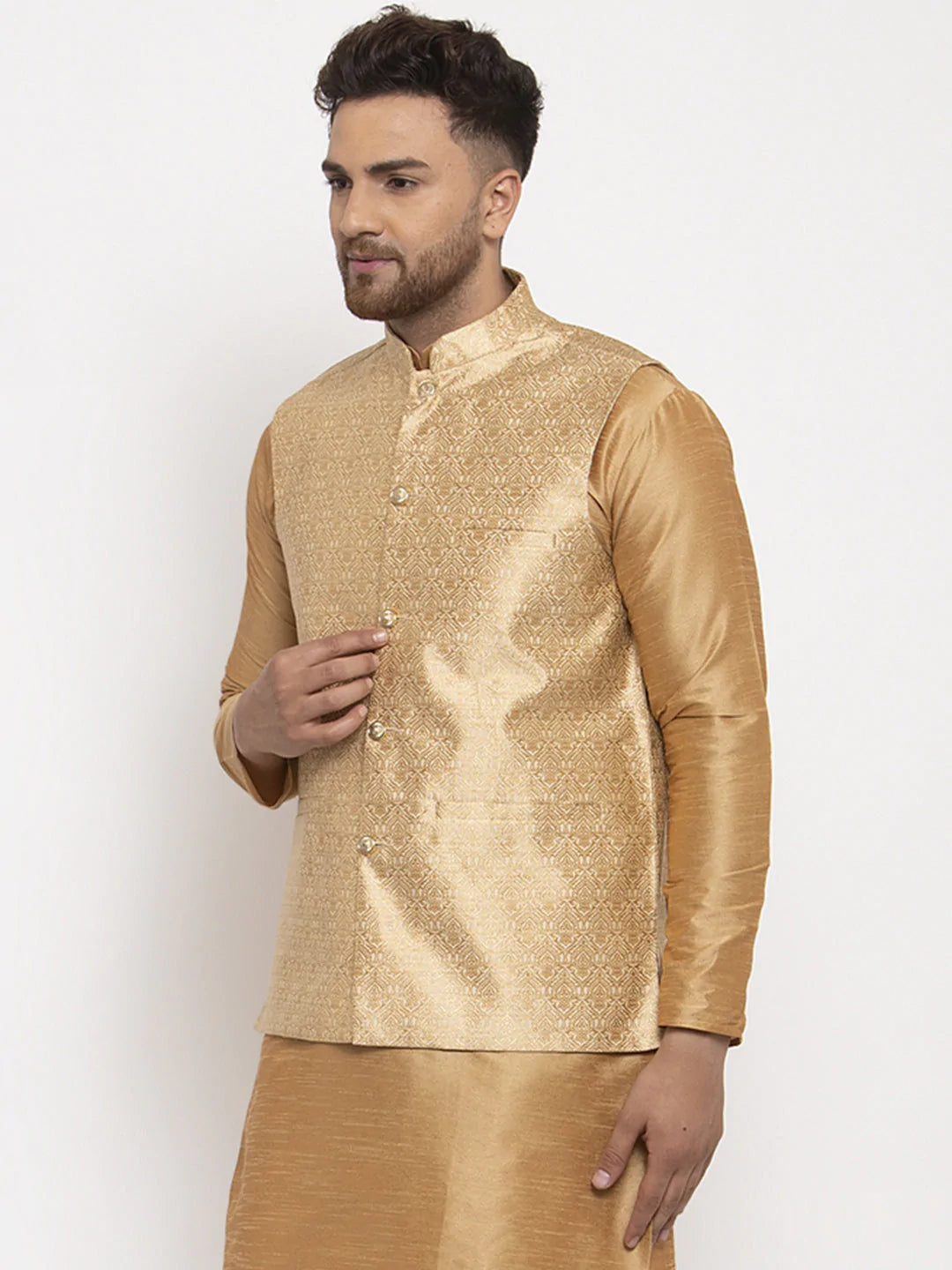 Jompers Men's Gold Woven Nehru Jacket ( JOWC 4009Golden )