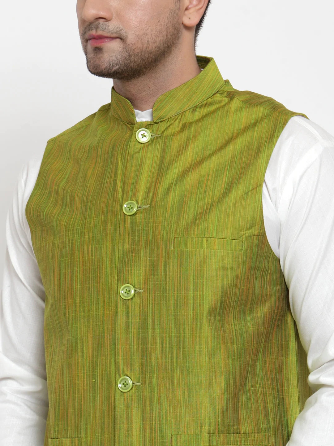 Jompers Men's Green Woven Design Nehru Jacket ( JOWC 4010 Green )