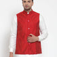 Jompers Men's Red Woven Design Nehru Jacket ( JOWC 4010 Red )